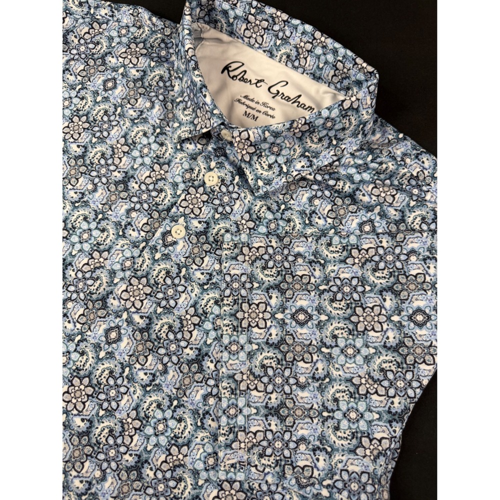 Robert Graham Mens Blue Floral Medallion Performance Polo Shirt Size Medium